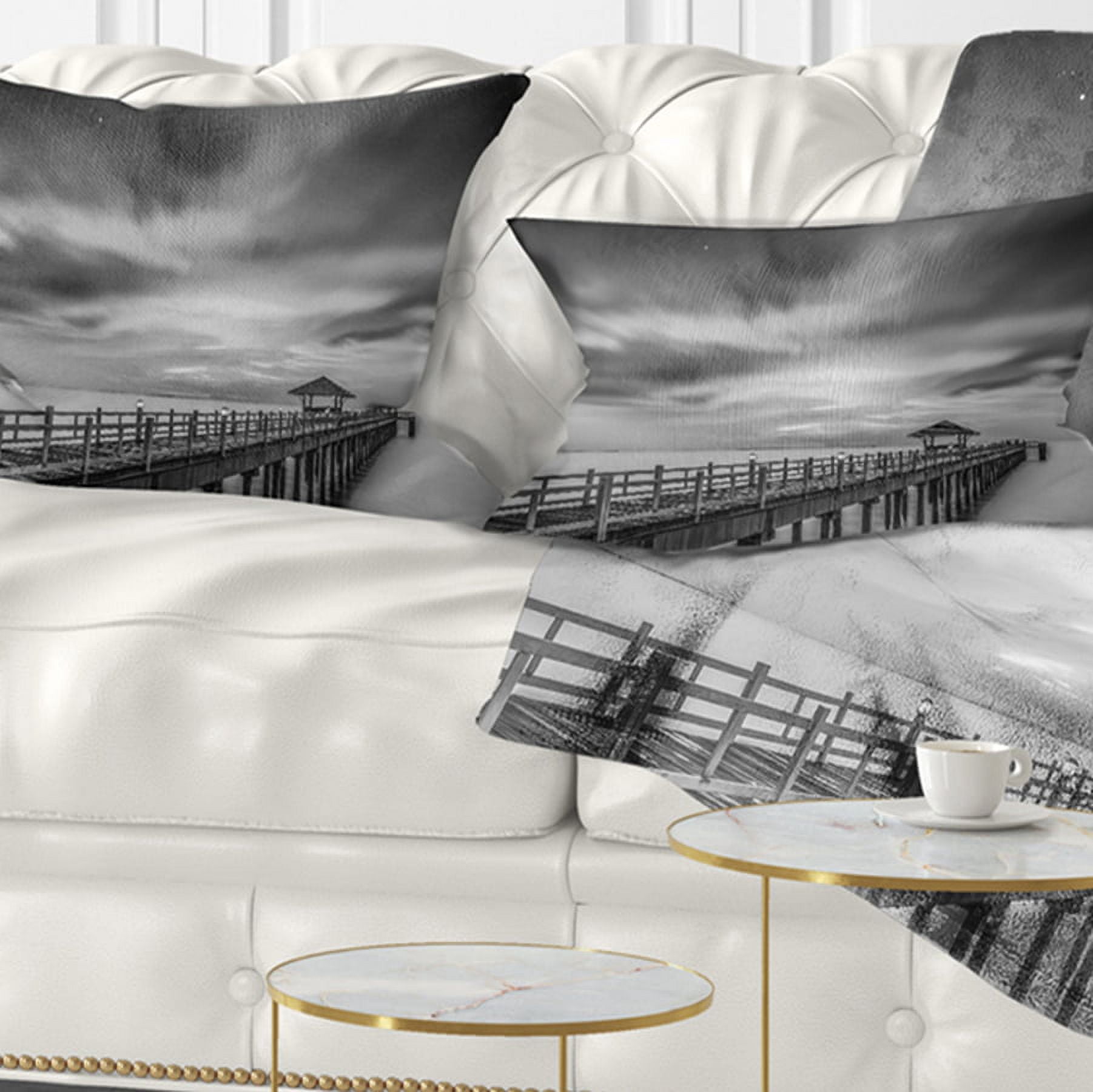 Designart Black and White Wooden Bridge and Sky - Pier Seascape Throw Pillow - 12x20