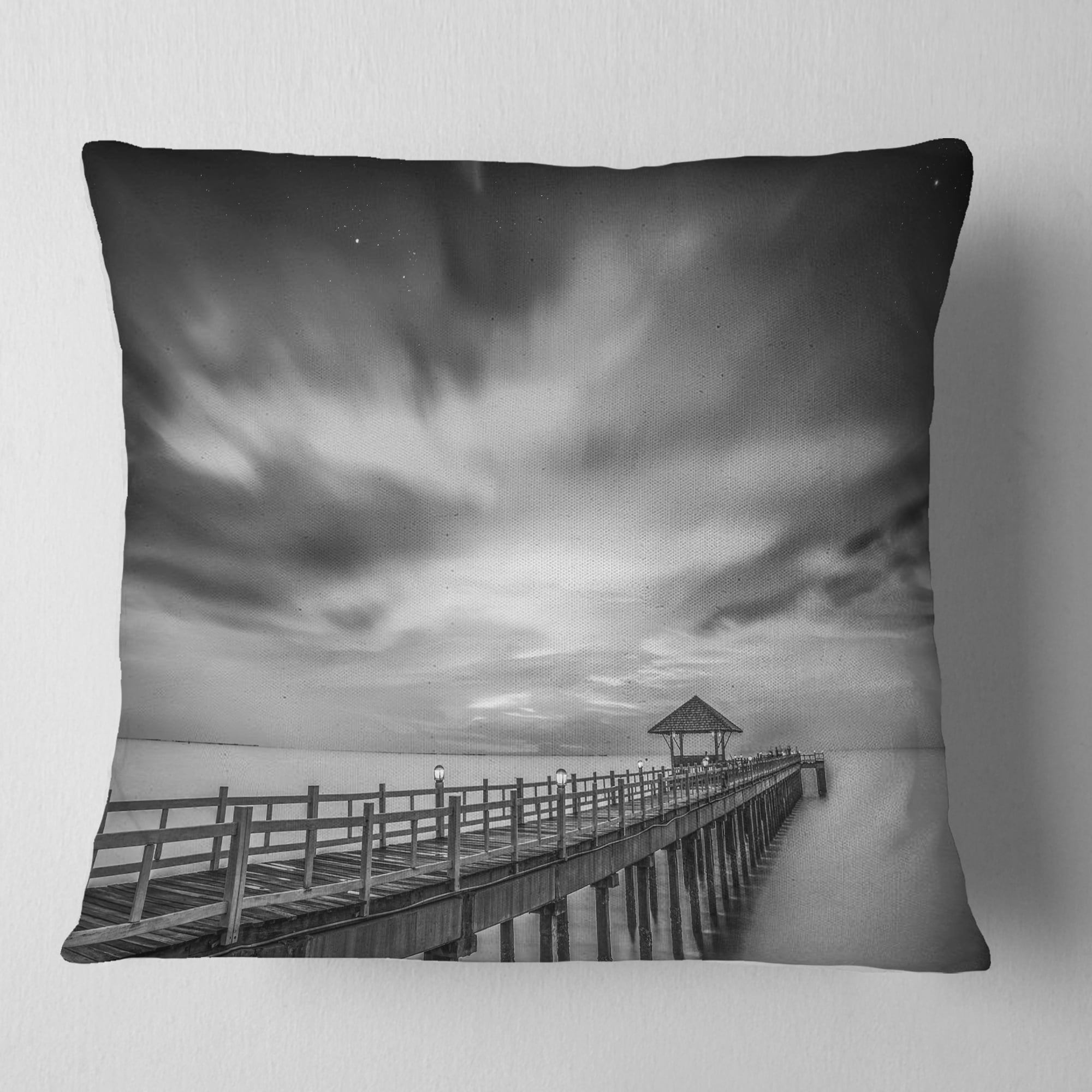 Designart Black and White Wooden Bridge and Sky - Pier Seascape Throw Pillow - 18x18