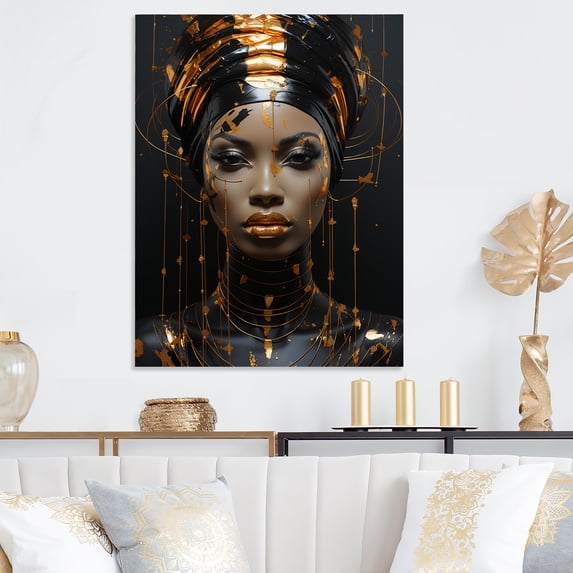 Designart "Black and gold Elegance African Beauty III In Gold and Black"African Woman Metal Wall Art Gold Modern Living Room Wall Art