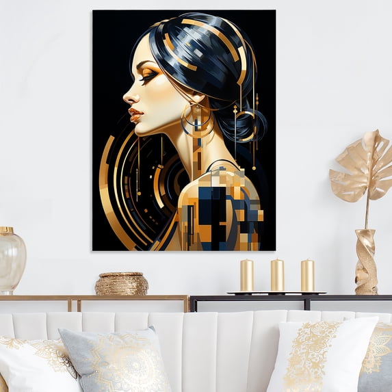 Designart "Black and gold art deco woman portrait I In Black and Gold"Fashion Woman Metal Art Black Modern Living Room Wall Art