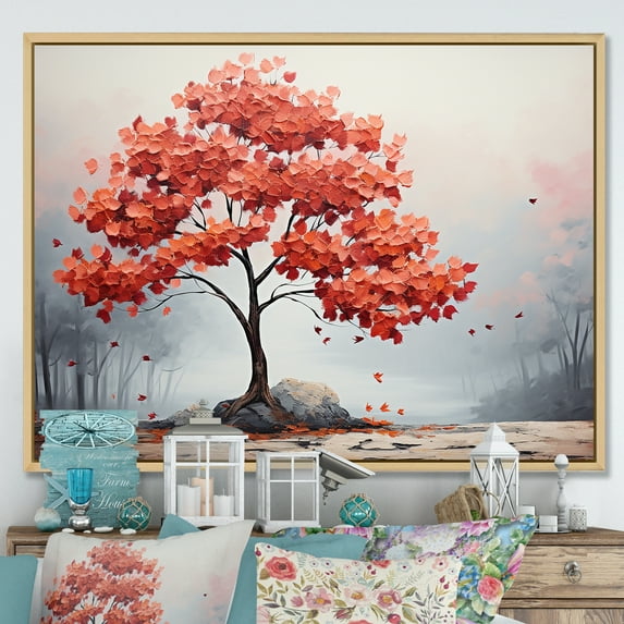 Designart "Blaze Of Red Maple" Tree Maple Floater Framed Wall Art Living Room