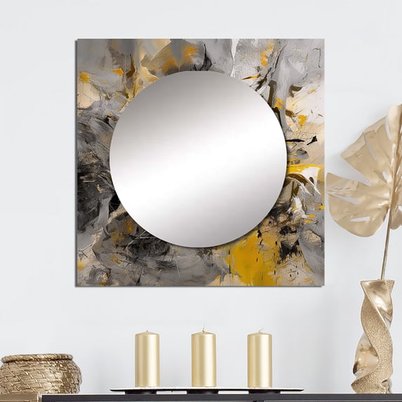 Designart "Bliss Of Happiness Gray And Yellow Harmony I" Abstract Collages Square Mirror Wall Decor Transitional - Large Grey Square Bathroom Mirror - Square Printed Wall Mirror Art