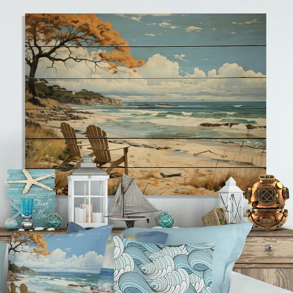 Designart "Bliss Pastoral Coastal Beach painting" Nautical & Beach Print on Natural Pine Wood