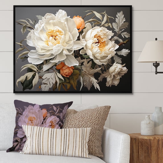 Designart "Blissful Beige Peony Fragrance II" Peonies Floater Framed Canvas Art Print