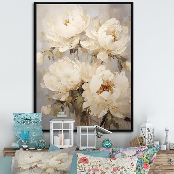 Designart "Blissful Beige Peony Fragrance III" Peonies Floater Framed Wall Art Prints