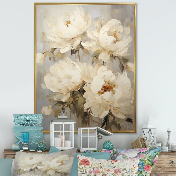 Designart "Blissful Beige Peony Fragrance III" Peonies Floater Framed Wall Art Prints