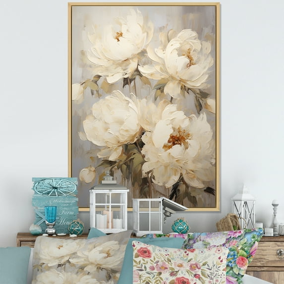 Designart "Blissful Beige Peony Fragrance III" Peonies Floater Framed Wall Art Prints