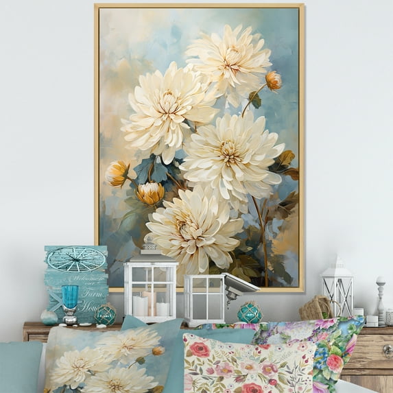 Designart "Blissful Bouquet Of Beige Mums" Mums Floater Framed Wall Decor