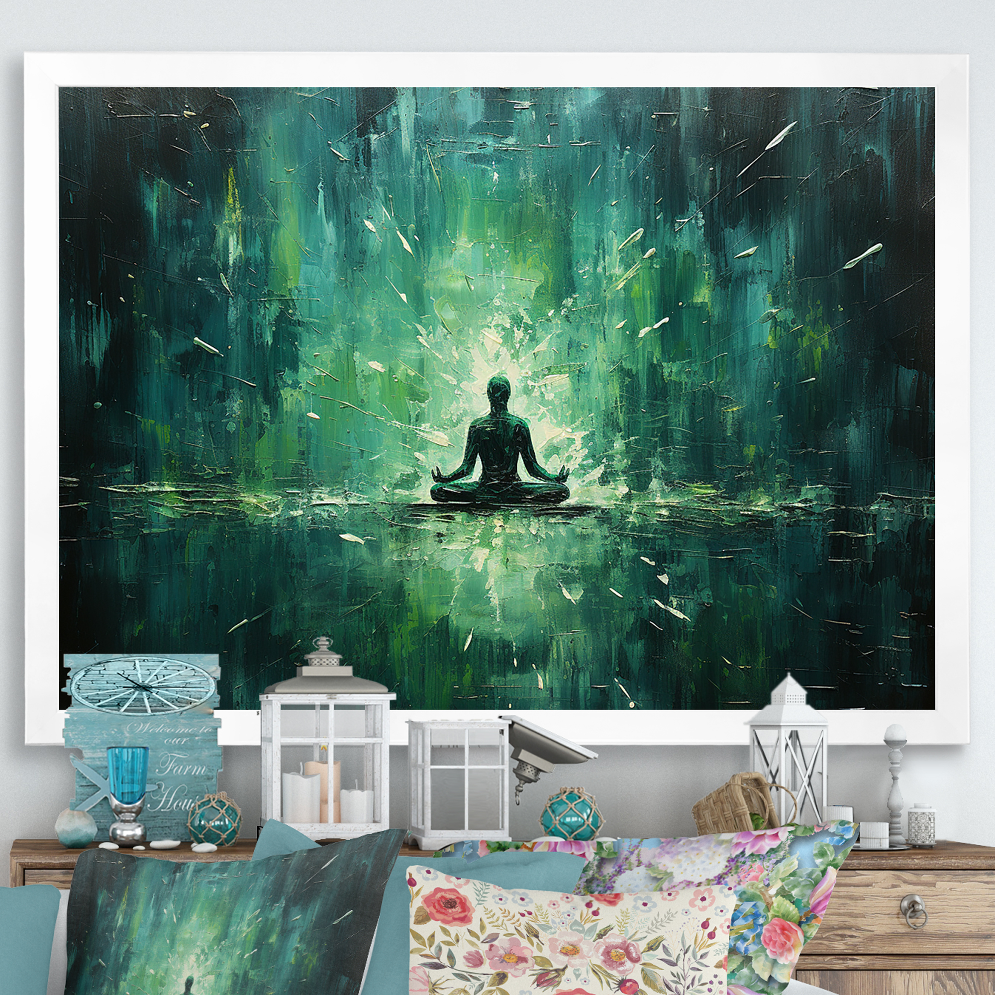 Designart "Blissful Green Yoga Serenity II" Spiritual Framed Wall Art ...
