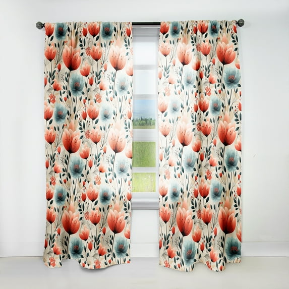 Designart "Blissful Red Florals In Vintage Romance III" Floral Red, Beige Curtain 1 Panel