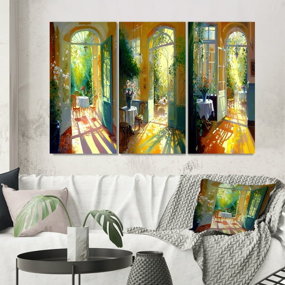 Designart "Blissful Sunlight at the Cottage I" Lake House Cottage Wall Art Set Of 3 - Traditional Yellow Gallery Wall Set For Home Decor