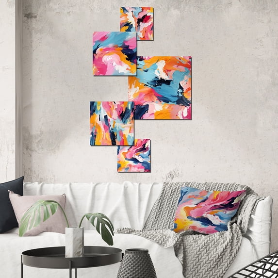 Designart "Blissful Swirls Of Colorful Paint" Abstract Wall Art Set Of 5 - Multicolor Modern Living Room Metal Art Set