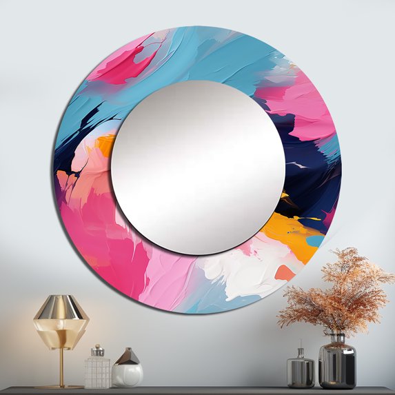 Designart "Blissful Swirls Of Colorful Paint I" Abstract Round Mirror Wall Decor Modern - Large Multicolor Round Bathroom Mirror - Round Mirror - 23" x 23"