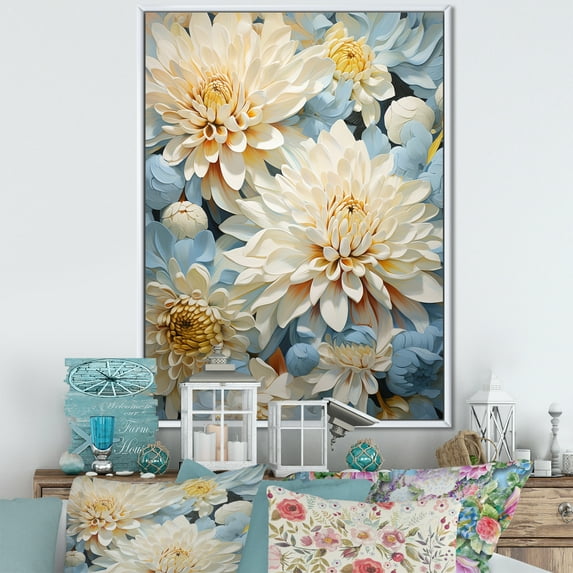 Designart "Blissful White And Blue Mums In The Garden II" Mums Floater Framed Wall Decor