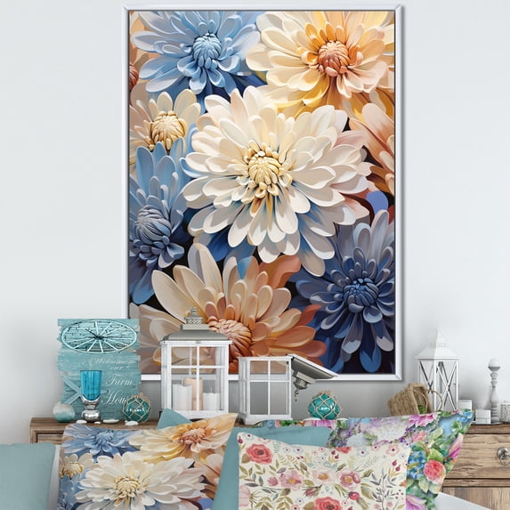 Designart "Blissful White And Blue Mums In The Garden V" Mums Floater Framed Wall Art Living Room