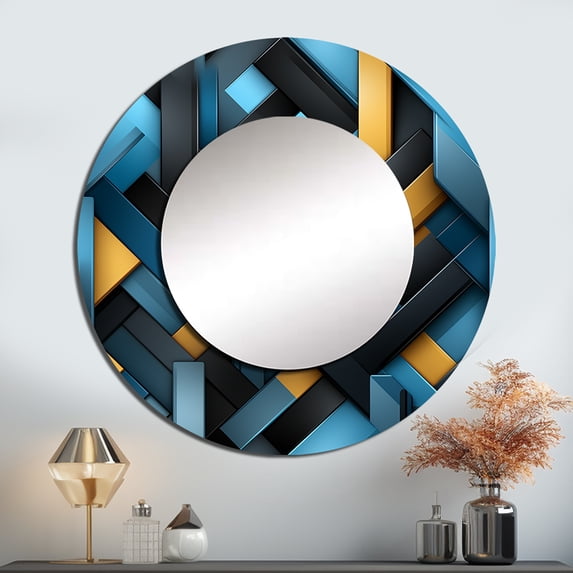 Designart "Blocks Of Black And Blue In The Blockchain I" Geometric Round Mirror Wall Decor Modern - Large Black Round Bathroom Mirror - Round Mirror - 29" x 29"