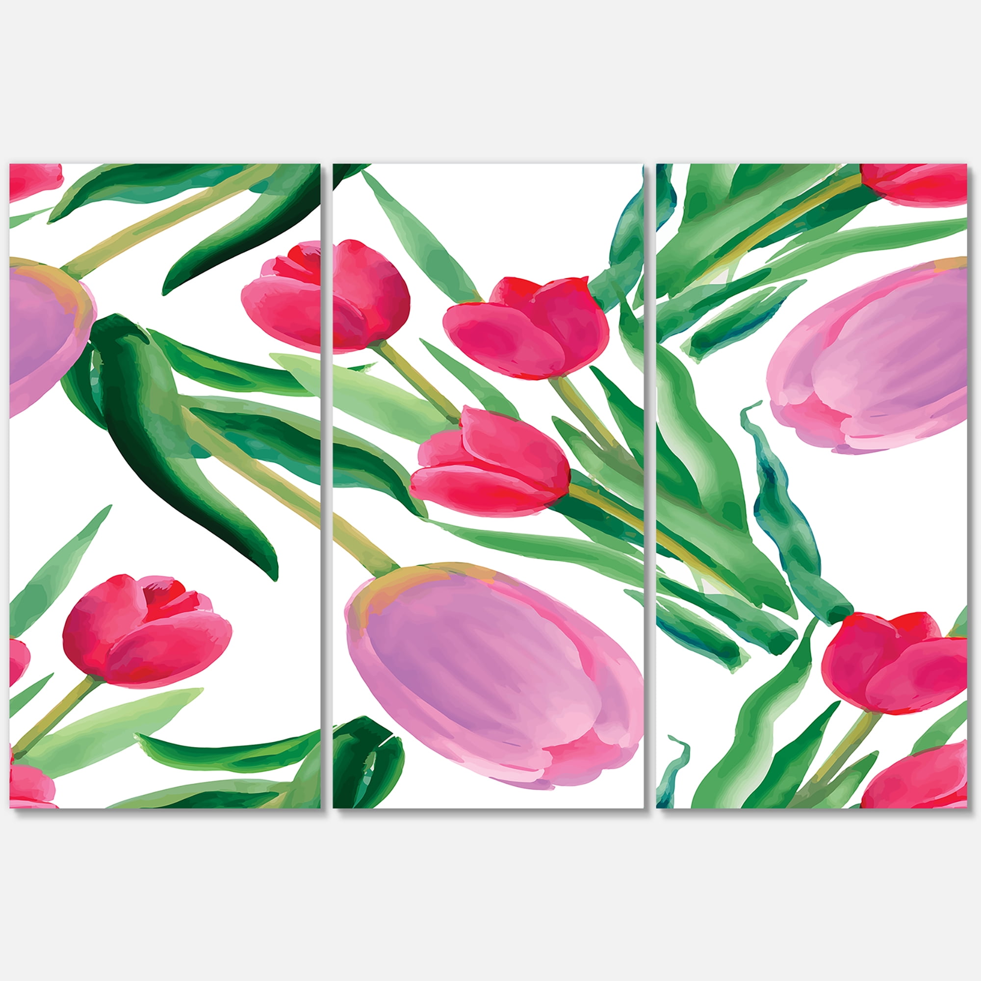Designart ' Blooming Beautiful Pink Tulips Flowers On White ' Traditional Canvas Wall Art Print