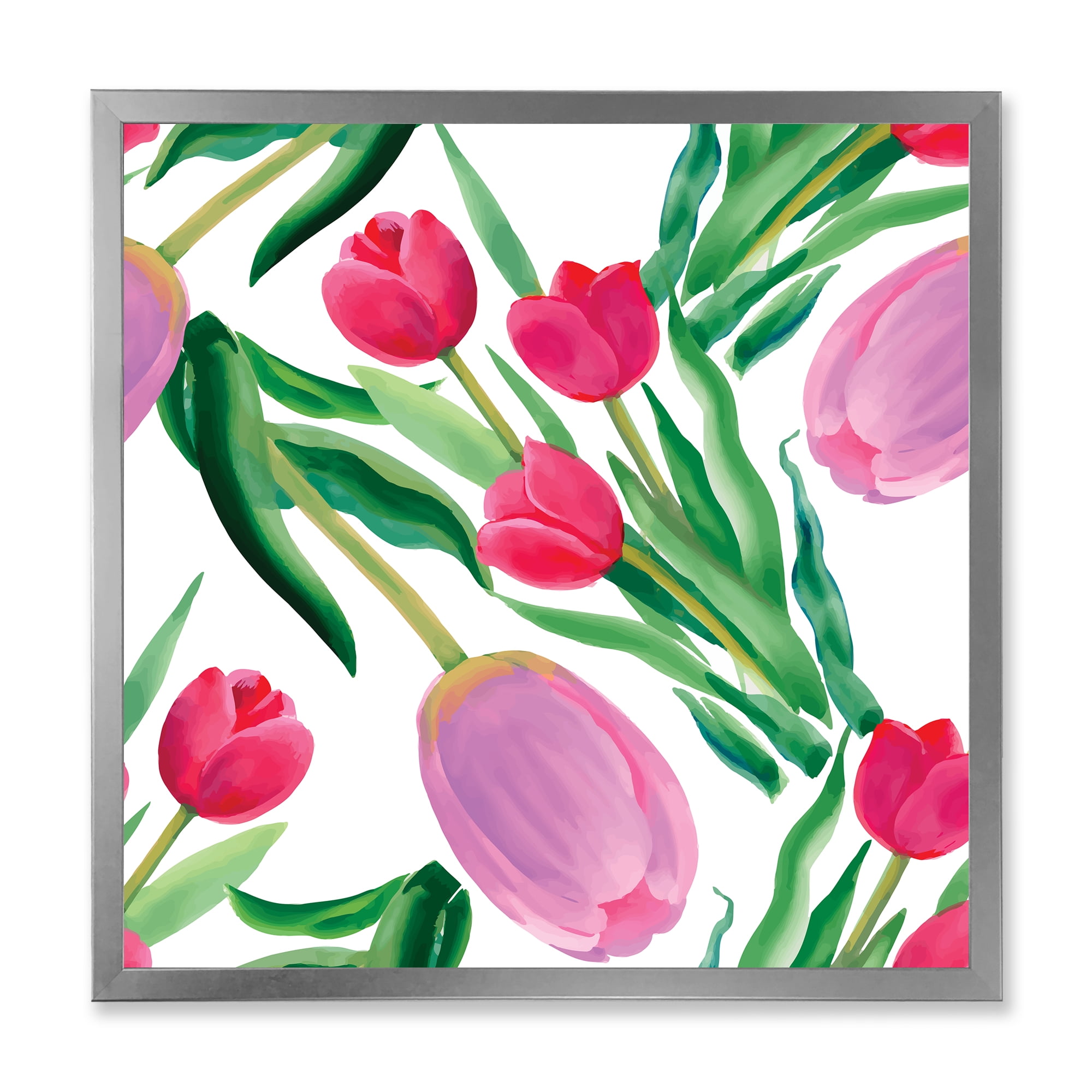 Designart 'Blooming Beautiful Pink Tulips Flowers On White' Traditional Framed Art Print
