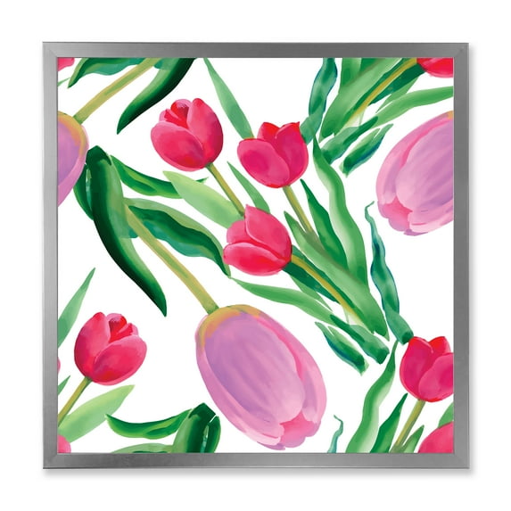 Designart 'Blooming Beautiful Pink Tulips Flowers On White' Traditional Framed Art Print