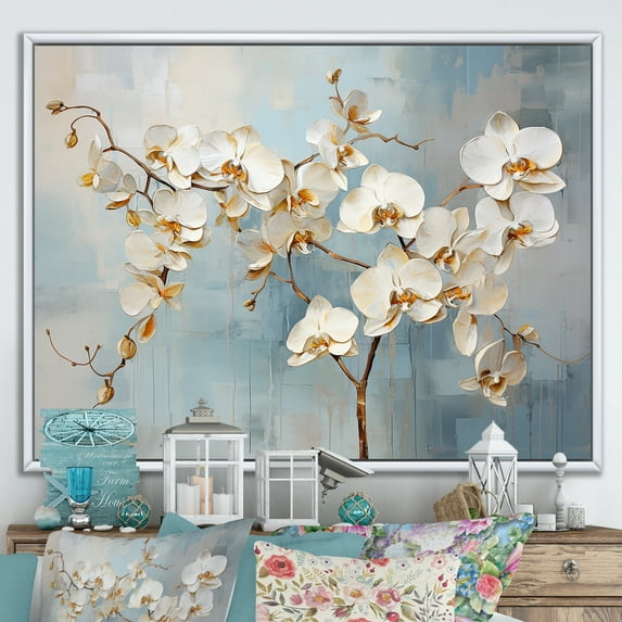 Designart "Blooming Beige And Gold Orchid I" Orchids Floater Framed Canvas Prints