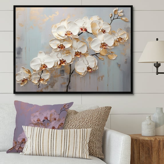 Designart "Blooming Beige And Gold Orchid IV" Orchids Floater Framed Wall Art Prints