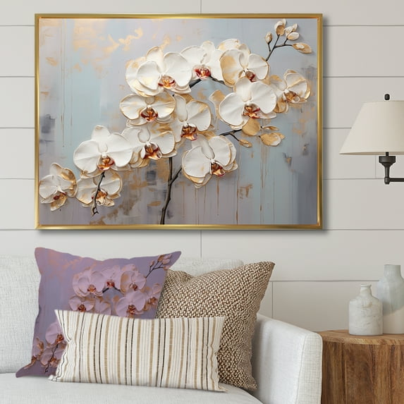 Designart "Blooming Beige And Gold Orchid IV" Orchids Floater Framed Wall Art Prints