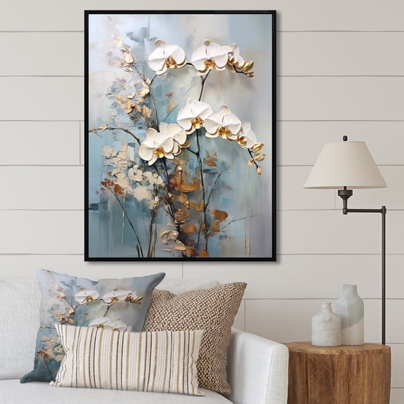 Designart "Blooming Beige And Gold Orchid" Orchids Floater Framed Canvas Prints