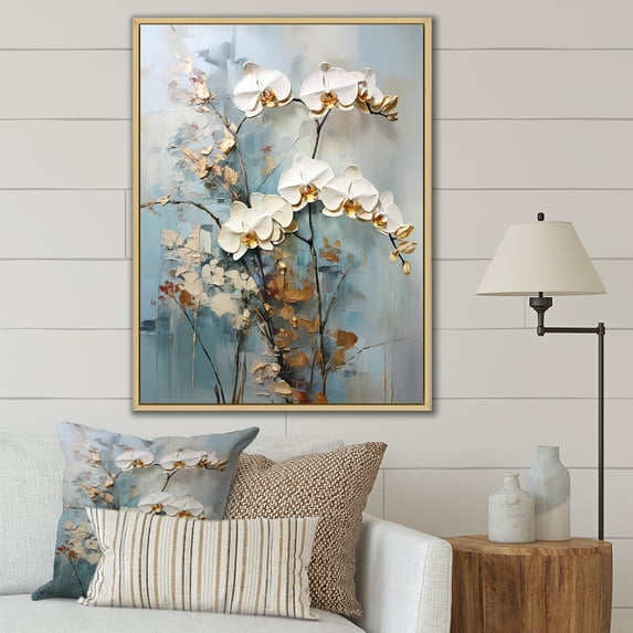 Designart "Blooming Beige And Gold Orchid" Orchids Floater Framed Canvas Prints