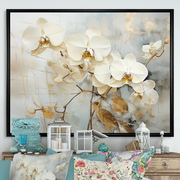 Designart "Blooming Beige And Gold Orchid V" Orchids Floater Framed Wall Art Living Room