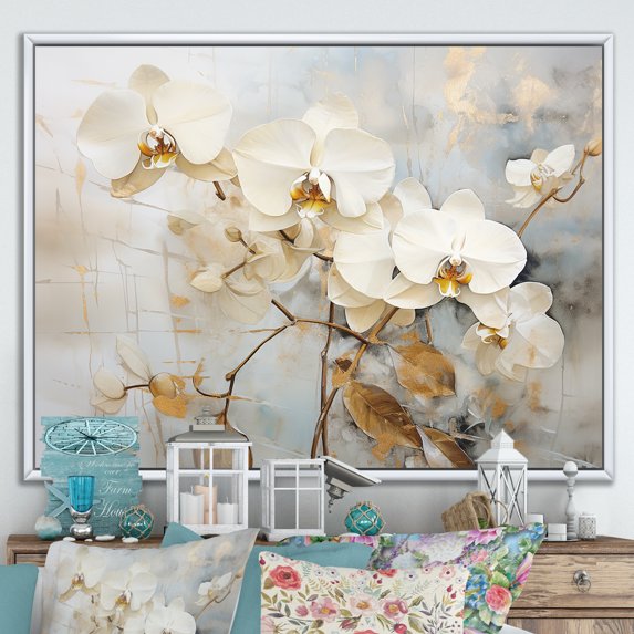 Designart "Blooming Beige And Gold Orchid V" Orchids Floater Framed Wall Art Living Room