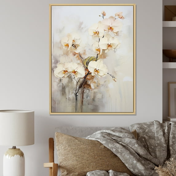 Designart "Blooming Beige And Gold Orchids I" Orchids Floater Framed Wall Art Prints
