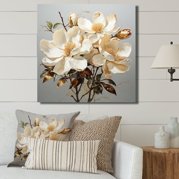Designart "Blooming Beige And Green Magnolias I" Magnolias Wall Art Living Room