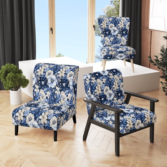 Designart "Blooming Blue And White Florals V" Blue Floral Upholstered Accent Chair - Cottage Arm Chair For Bedroom