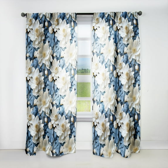 Designart "Blooming Blue And White Florals VII" Floral Room Darkening Curtain Single Panel