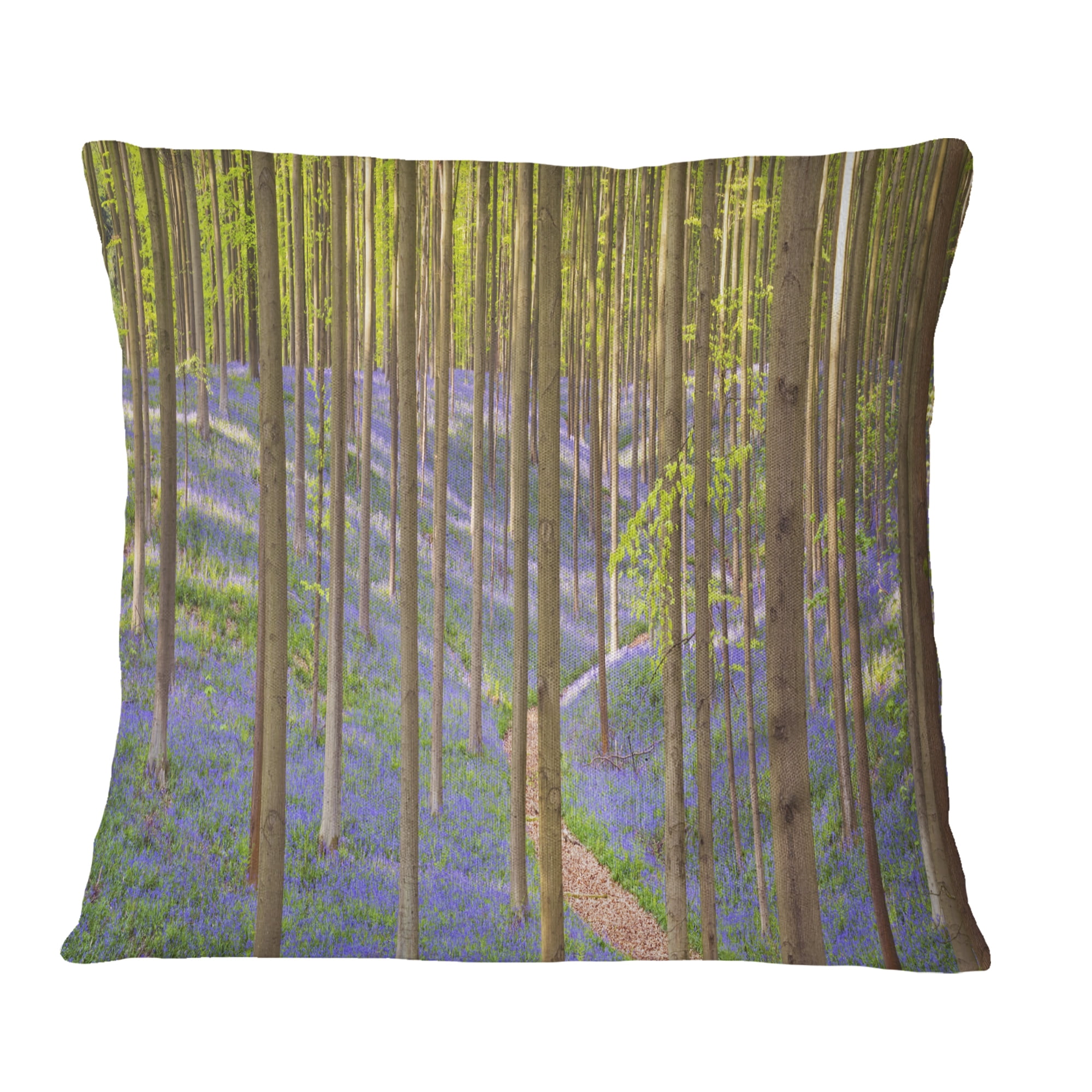 Designart Blooming Bluebell Forest Panorama - Landscape Printed Throw Pillow - 18x18