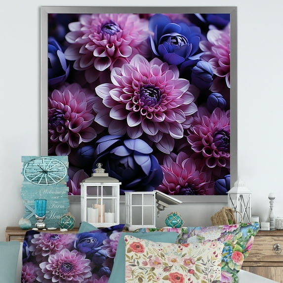 Designart "Blooming Bouquet of Pink and Purple Mums" Floral Framed Wall Art Decor - Traditional Purple Mums Bedroom Framed Canvas Wall Art