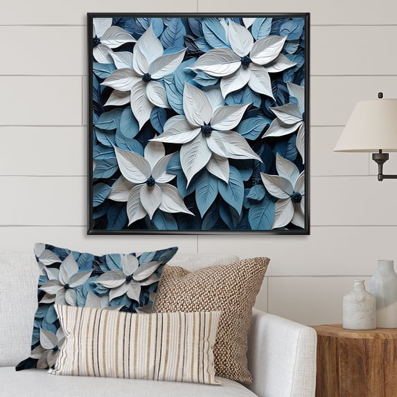 Designart "Blooming Brush Of White And Blue Poinsettias II" Poinsettias Floater Framed Wall Decor
