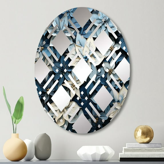 Designart "Blooming Brush of White and Blue Poinsettias" Poinsettias Plaid Round Wall Mirror - Floral Oval Printed Decorative Mirror - Multiple Color Options
