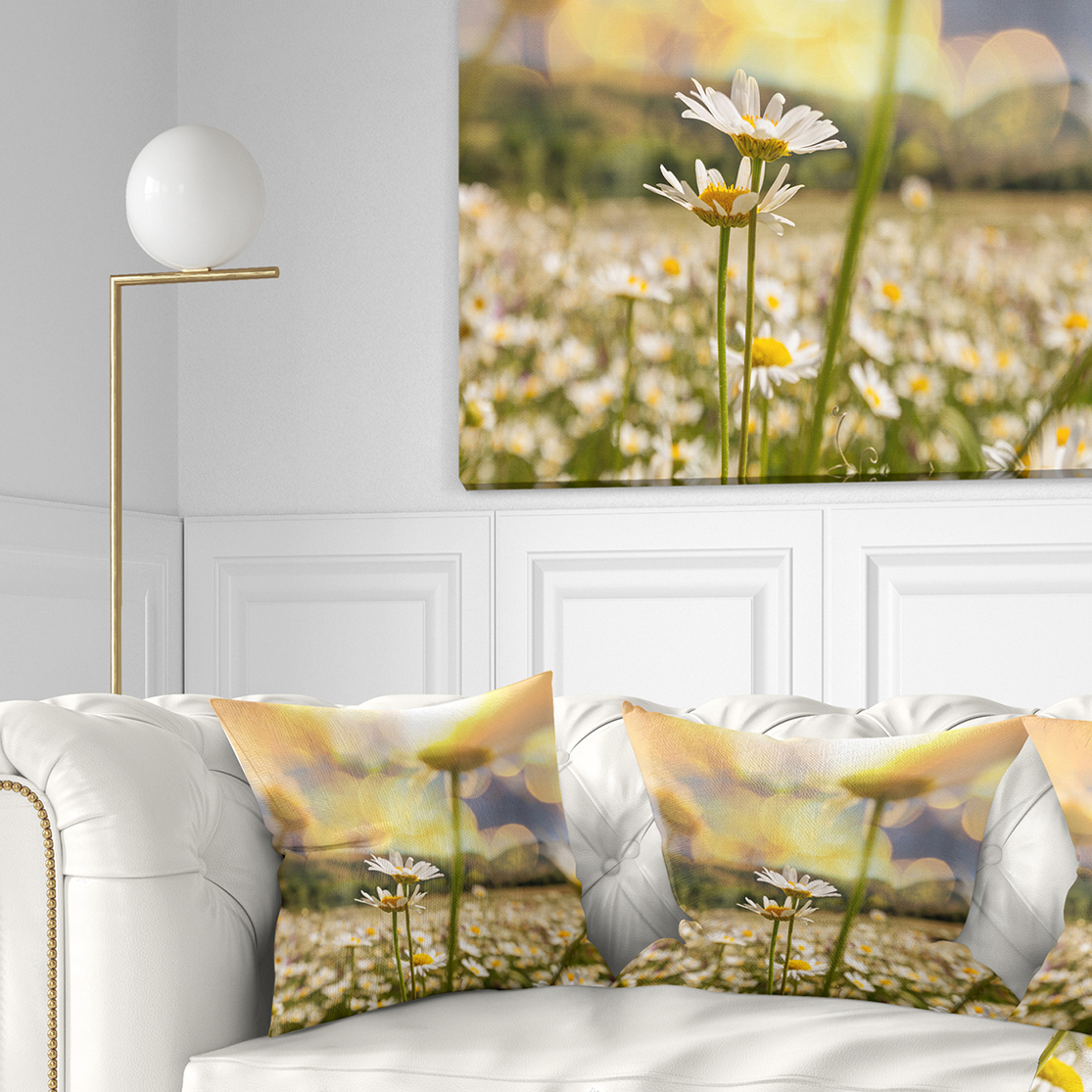 Designart Blooming Chamomiles Flowers - Landscape Printed Throw Pillow - 16x16