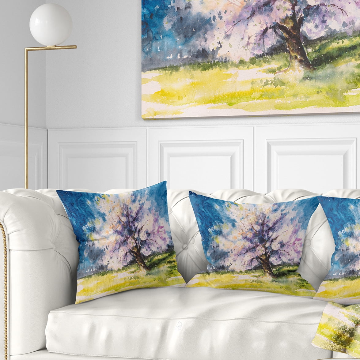 Designart Blooming Cherry Tree Blue - Watercolor Floral Throw Pillow - 18x18