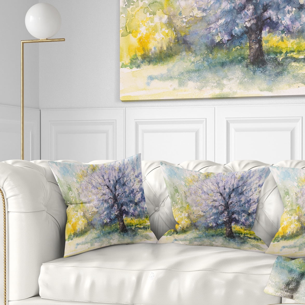 Designart Blooming Cherry Tree - Watercolor Floral Throw Pillow - 16x16