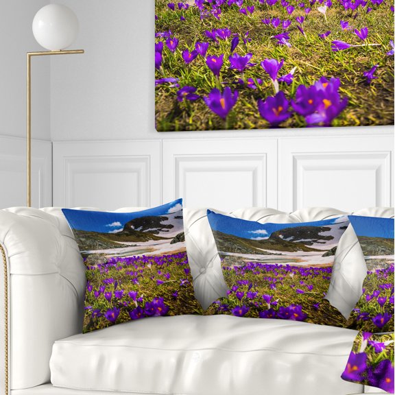 Designart Blooming Crocus Flowers in Rila Mountains - Landscape Printed Throw Pillow - 16x16