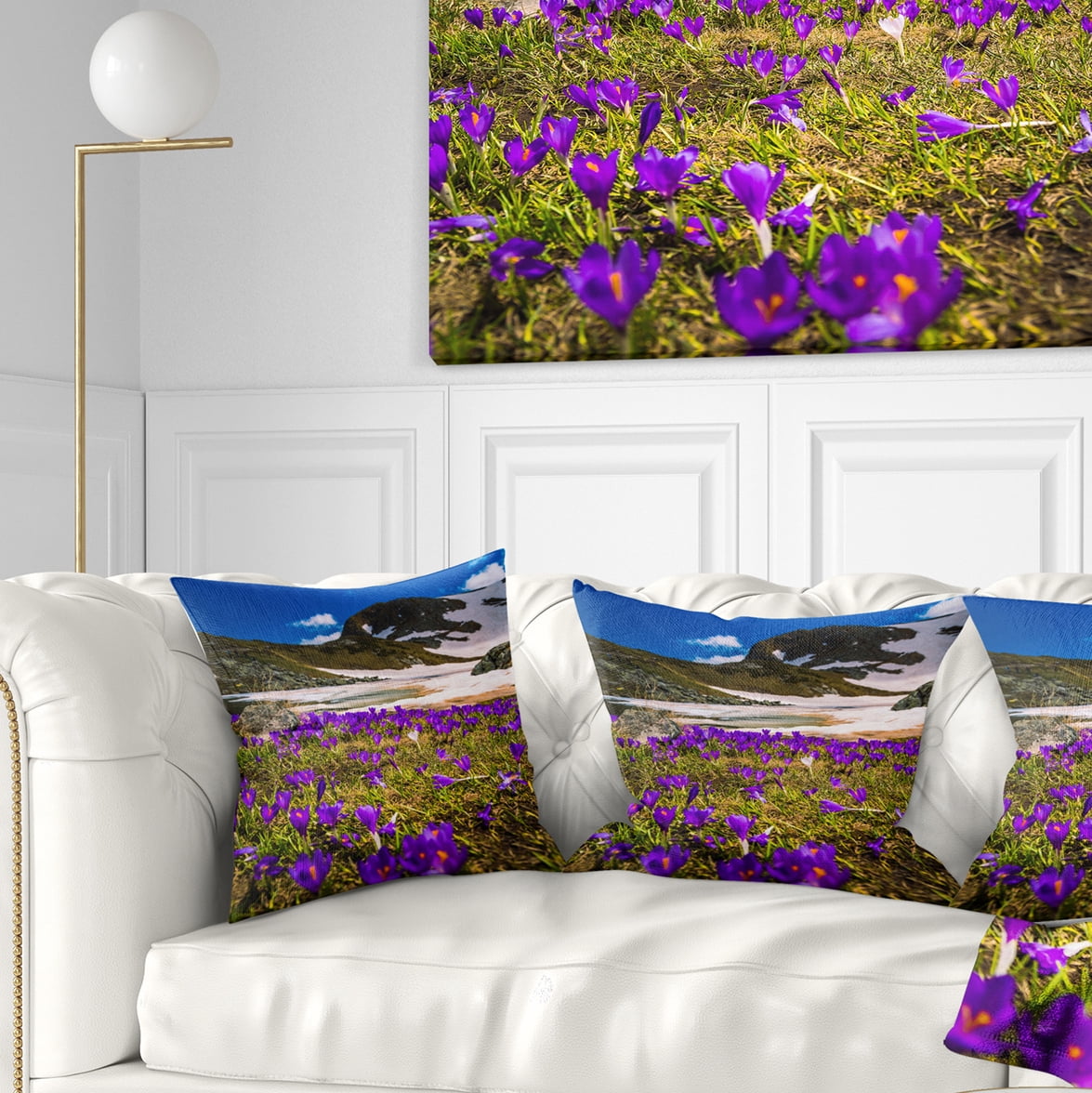 Designart Blooming Crocus Flowers in Rila Mountains - Landscape Printed Throw Pillow - 18x18