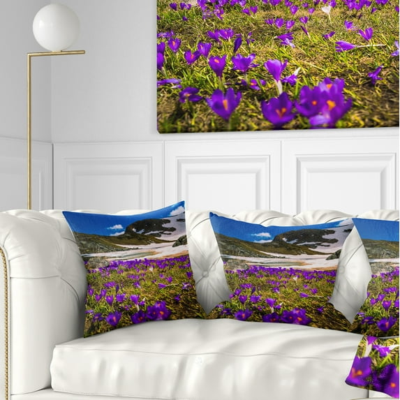 Designart Blooming Crocus Flowers in Rila Mountains - Landscape Printed Throw Pillow - 18x18