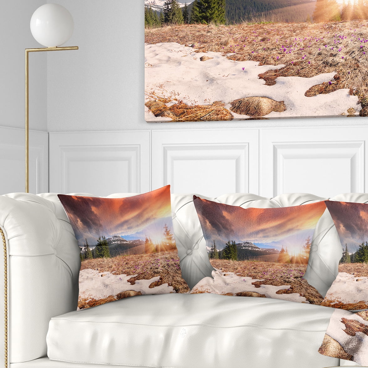 Designart Blooming Crocuses in Mountains - Landscape Photography Throw Pillow - 16x16