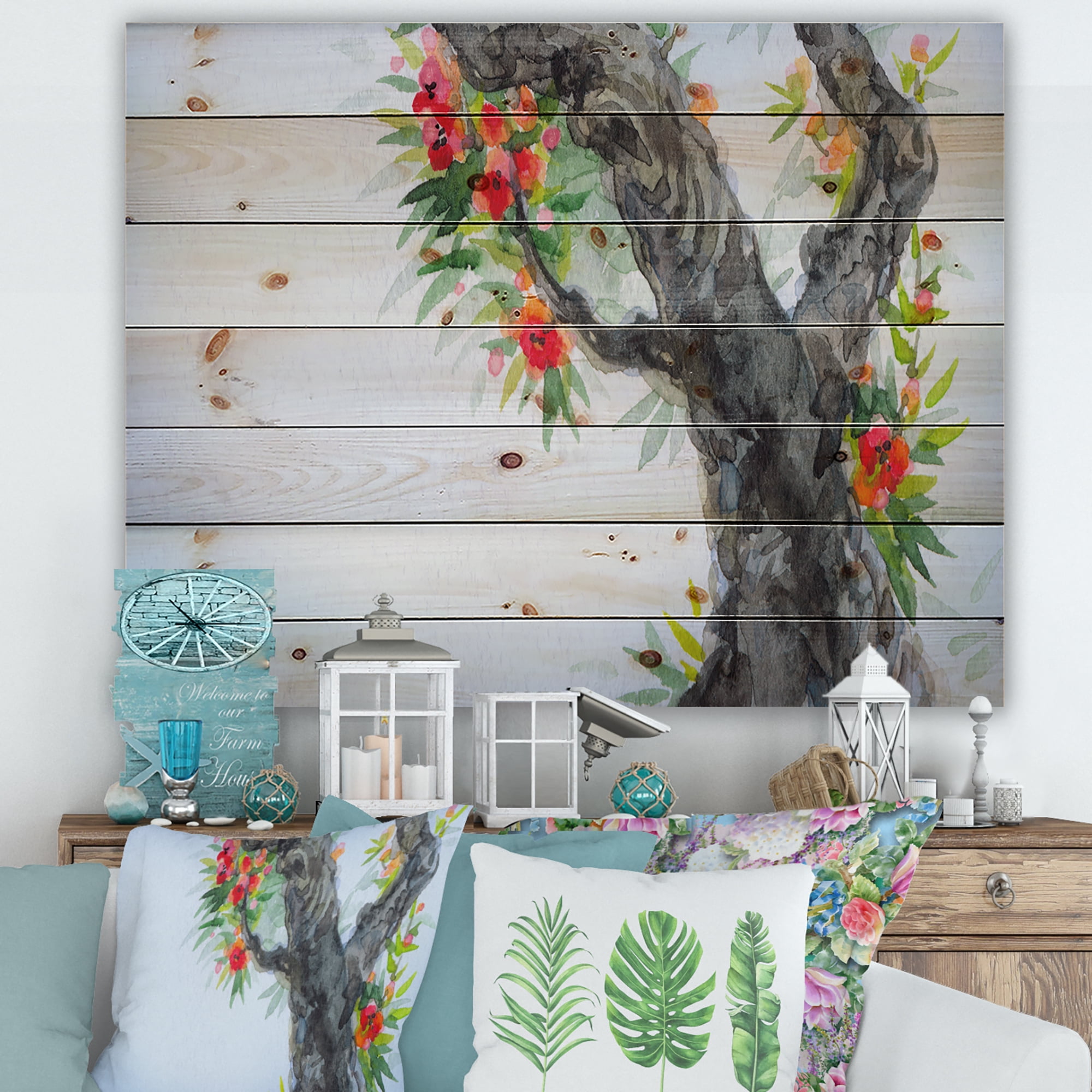 Designart 'Blooming Flowers Of An Old Tree In Spring I' Traditional Print on Natural Pine Wood