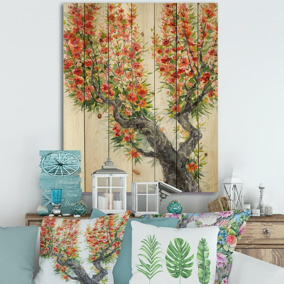 Designart 'Blooming Flowers Of An Old Tree In Spring II' Traditional Print on Natural Pine Wood