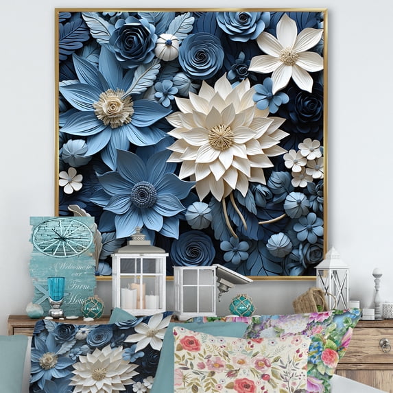 Designart "Blooming Flowers Of White And Blue Poinsettias" Poinsettias Floater Framed Canvas Wall Art