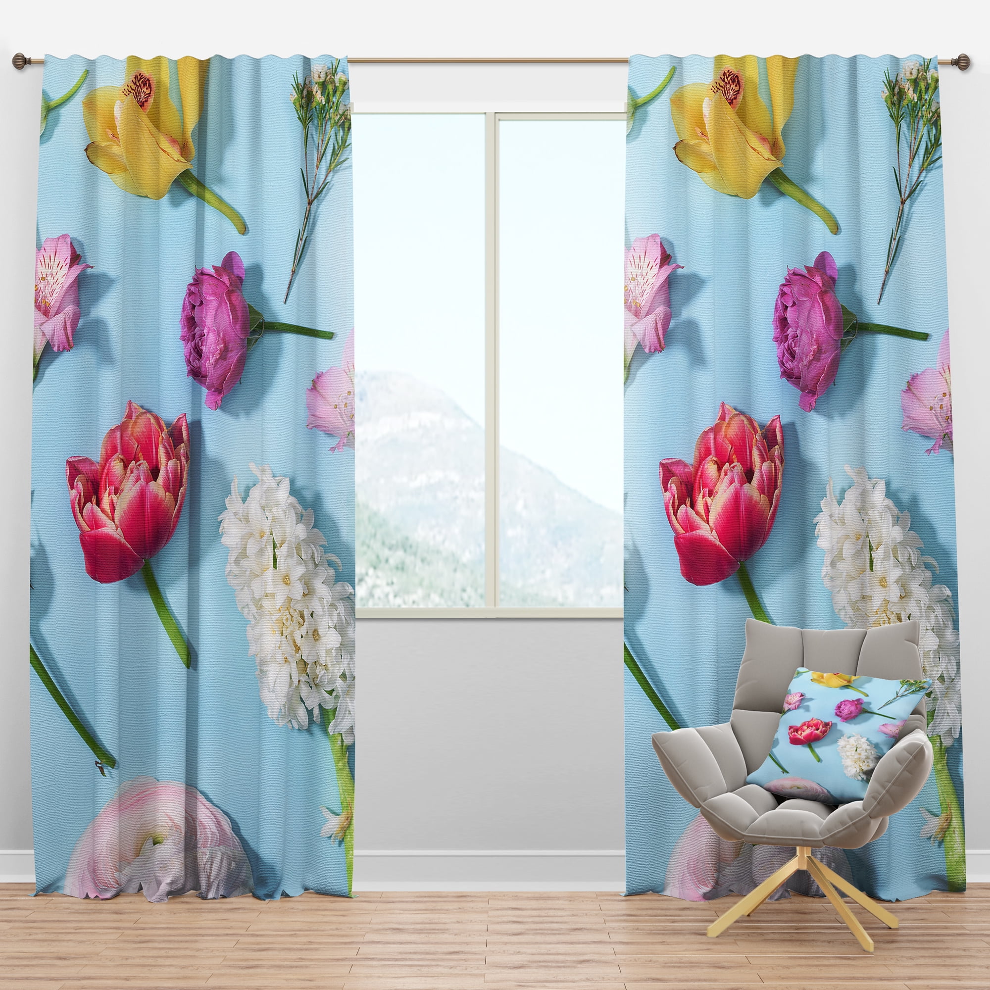 Designart 'Blooming Flowers On Blue' Floral Blackout Curtain Panel