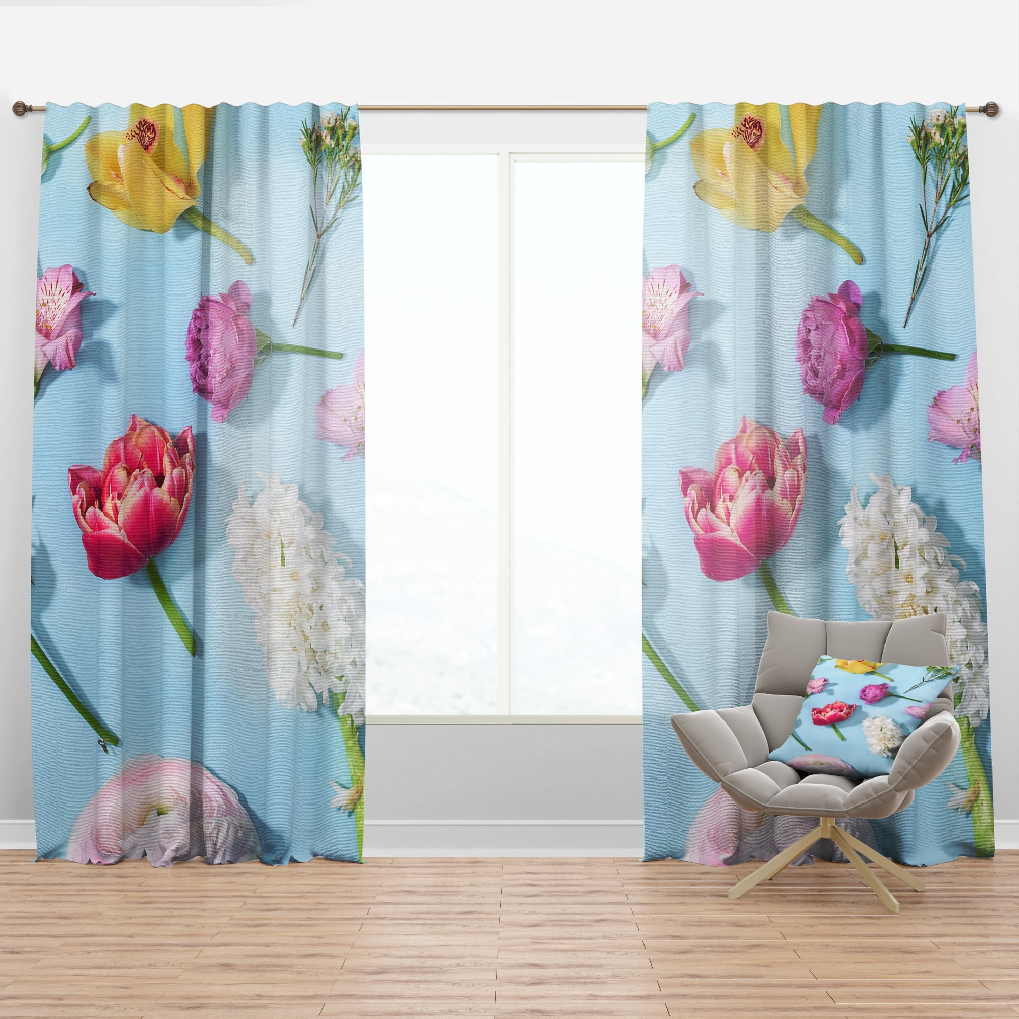 Designart 'Blooming Flowers On Blue' Floral Curtain Panel